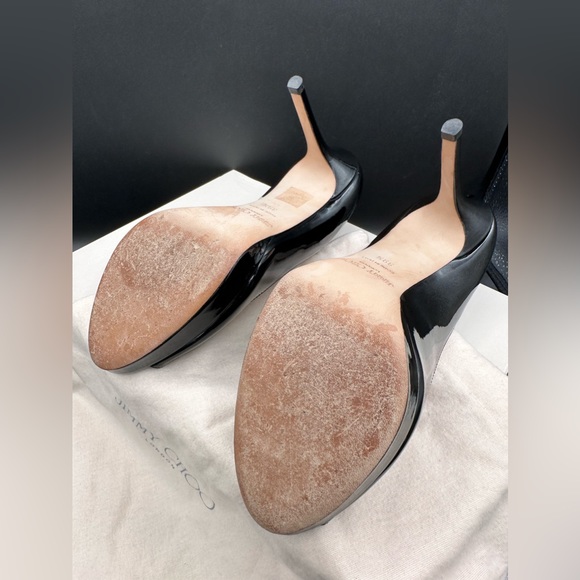 Jimmy Choo Classic Heels!! Luna Black Patent Leather Peep Toe 👠 - Picture 10 of 12